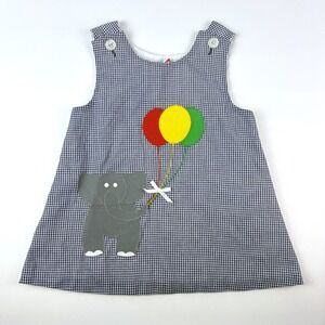 VTG Kellys Kids Blue Gingham Jumper Girls 3T Elephant w/ Balloons Applique Dress